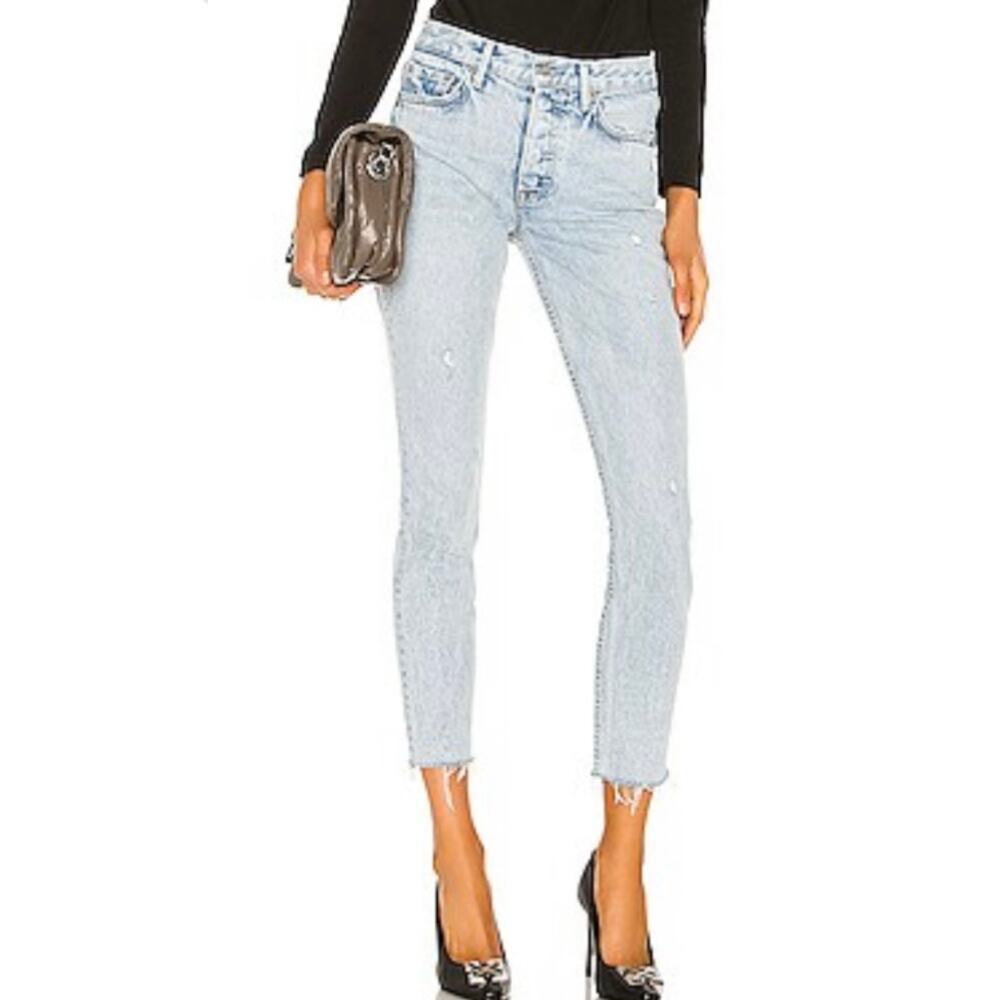 GRLFRND Button Fly Distressed High Rise Karolina Jeans In Slow Down Size 27